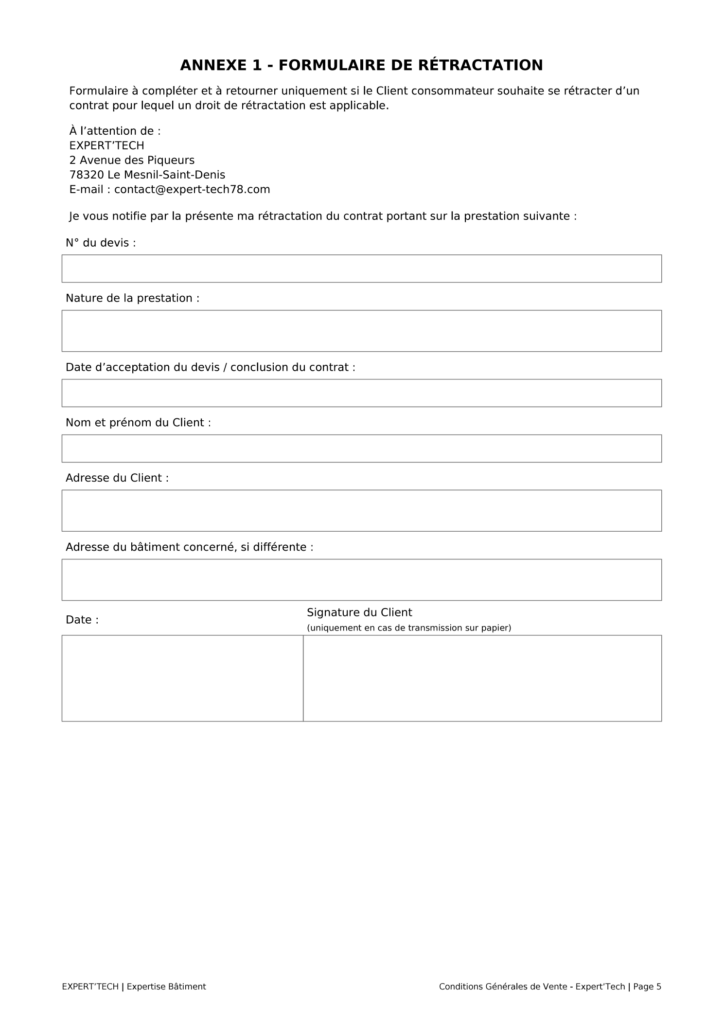 Annexe 1 — Formulaire de rétractation Expert’Tech