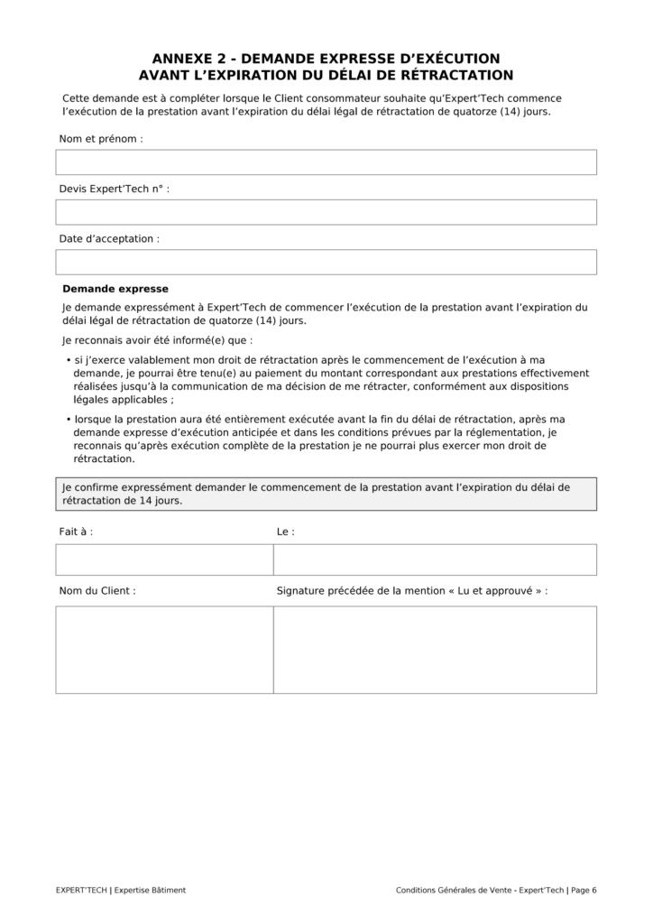 Annexe 2 — Demande expresse d’exécution de la prestation Expert’Tech