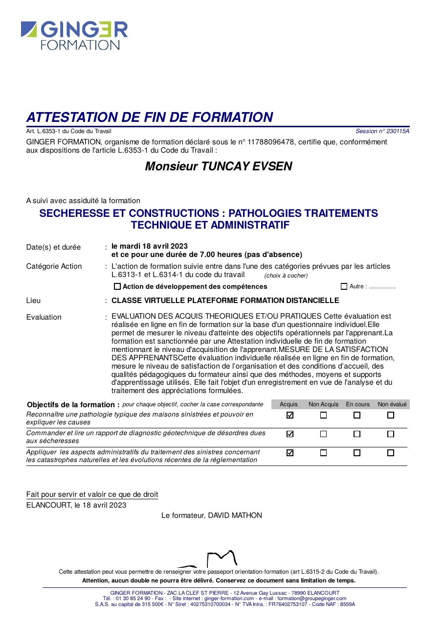 Attestation de formation GINGER Sécheresse et constructions – Tuncay Evsen, expert fissures Yvelines