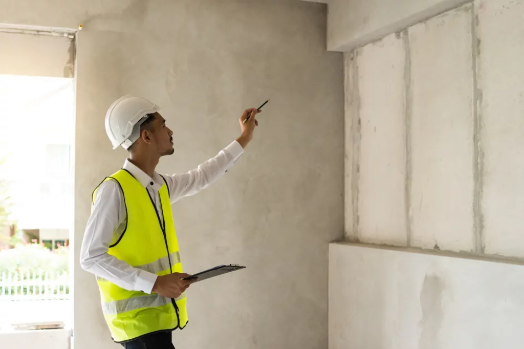 Expert en bâtiment inspectant les fissures d’un mur lors d’une expertise dans les Yvelines