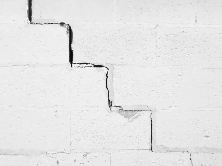 Fissure en escalier sur un mur en parpaings, signe de tassement différentiel