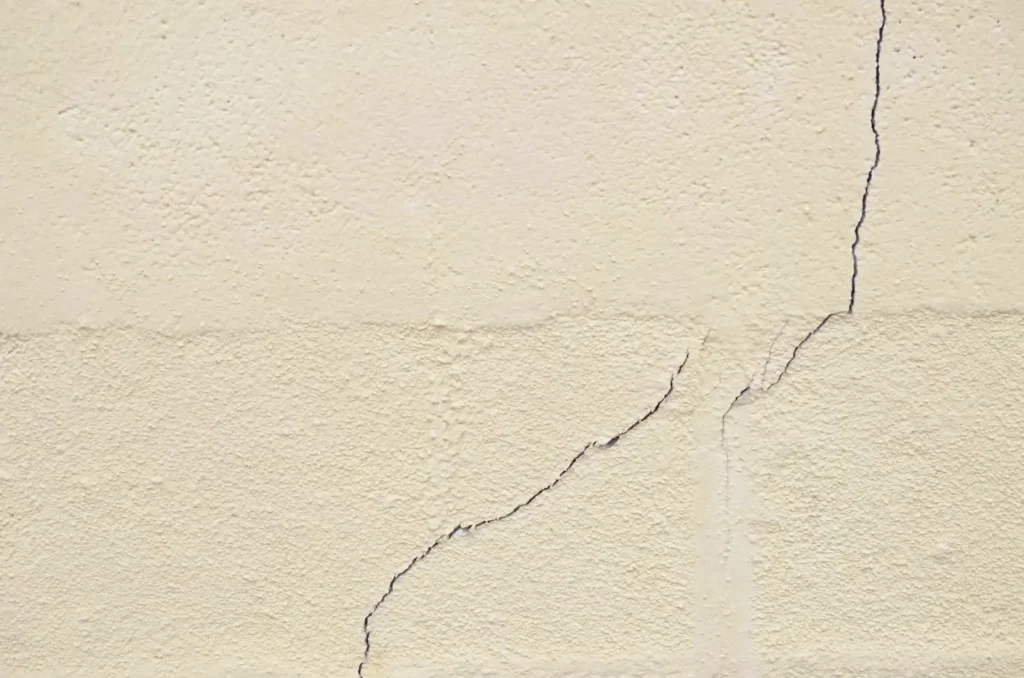 Fissures ramifiées sur une façade enduite après un épisode de sécheresse